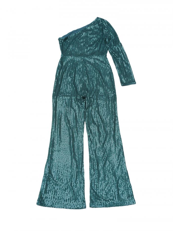 Allegra K レディース スパンコールジャンプスーツ ワンショルダー シースルー ワイドレッグ パーティー ロンパー グリーン XL
