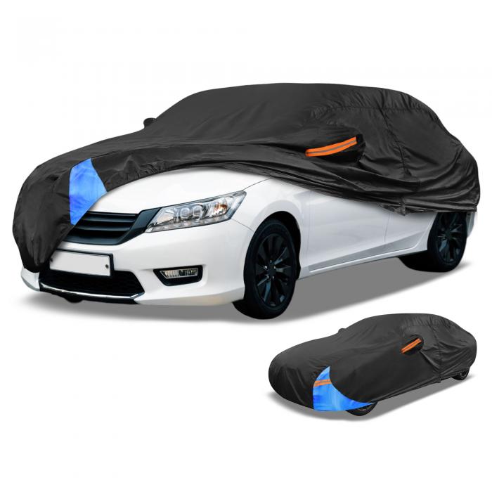 Partuto 1 Pc ユニバーサルカーカバー 防水オールウェザー自動車用屋外用アンチUV日雨保護フルエクステリアカバー 190Tポリエステル ブラック ブルー セダン用 長さ187