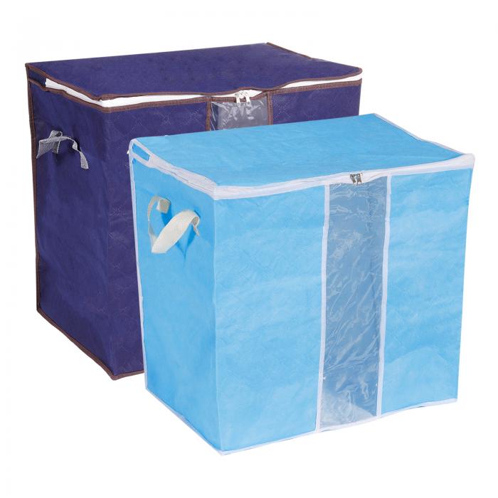 収納箱 衣類用 衣類収納バッグ 透明窓と強化ハンドル付き 毛布 掛け布団 寝具用 ダークブルー スカイブルー 2個