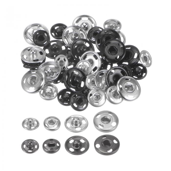 縫い付けスナップボタン 金属スナップ ファスナー プレススタッズ ボタン 縫製衣類DIY用 シルバーとブラック 10セット8.5 mm & 10セット12 mm
