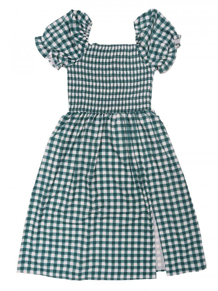 Allegra K チェック柄 ドレス 半袖 可愛い パフスリーブ スクエアネック ワンピース スモックドレス カジュアル レディース グリーン XS