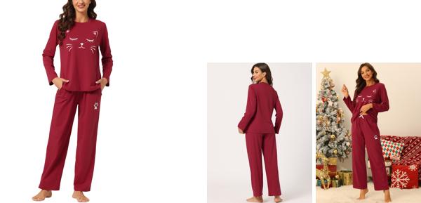 cheibear パジャマ ナイトウェア 可愛い 猫柄 トップス パンツ 寝間着 ラウンジステ レディース レッド L