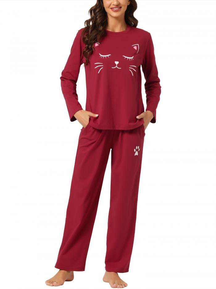 cheibear パジャマ ナイトウェア 可愛い 猫柄 トップス パンツ 寝間着 ラウンジステ レディース レッド L