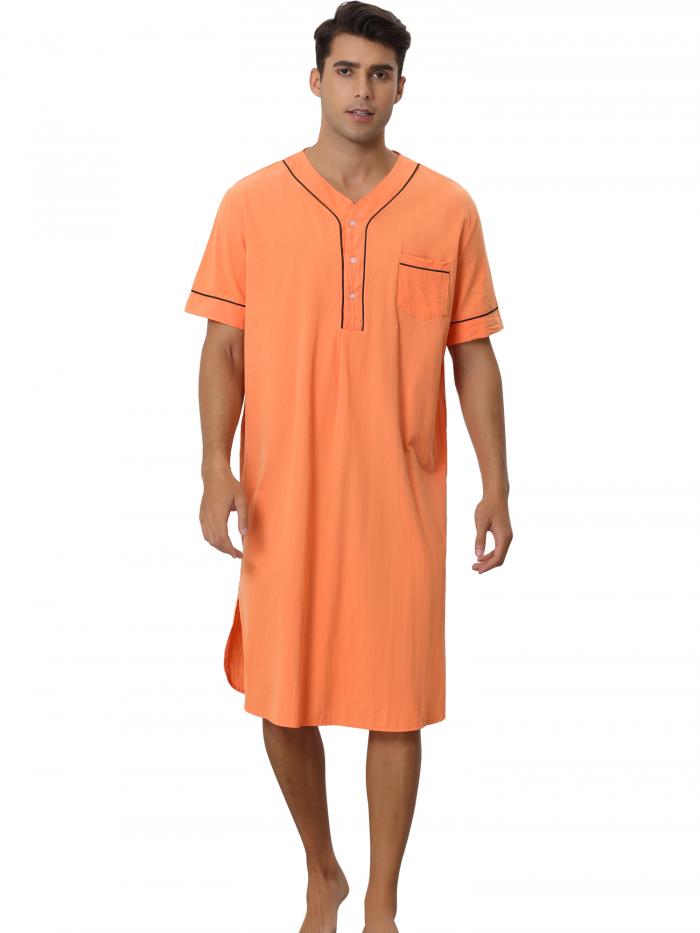 Lars Amadeus ナイトシャツ メンズ 半袖 ヘンリーネック 快適 パジャマ ナイトガウン オレンジ S