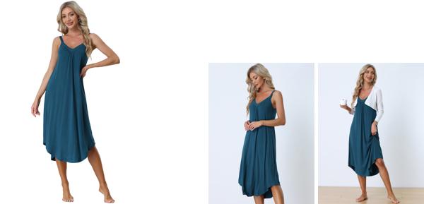 Allegra K ラウンジ キャミドレス パジャマ Vネック ネグリジェ セクシー ナイトドレス 伸縮性 レディース ダークブルー S