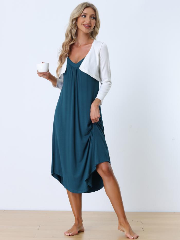 Allegra K ラウンジ キャミドレス パジャマ Vネック ネグリジェ セクシー ナイトドレス 伸縮性 レディース ダークブルー S