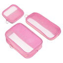 PATIKIL メッシュトイレタリーバッグ 1セット/3個 メッシュ化粧バッグ メッシュジッパーポーチ ポータブル 3サイズ 家庭用 旅行用品 ピンク