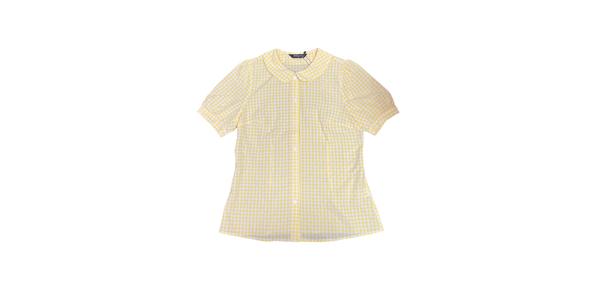 Allegra K チェックブラウス 丸襟 ボタンダウンシャツ パフ半袖 ギンガムトップス レディース イエロー S