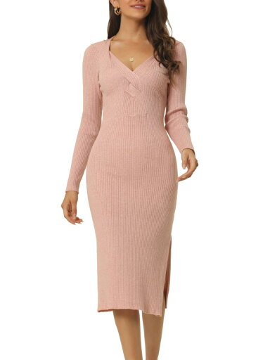 Seta T 女性の秋冬長袖恋人ネックスリムフィットニットサイドスリットツイストフロントミディセータードレス ピンク M Seta T 女性の秋冬長袖恋人ネックスリムフィットニットサイドスリットツイストフロントミディセータードレス ピンク M