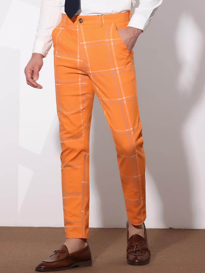 Lars Amadeus ロングパンツ カジュアルズボンドレス チェック柄 スリム フィット フラット フロント ビジネス メンズ オレンジ 36