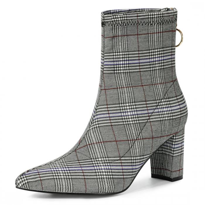 アンクルブーツ ポインテッドトゥ ジッパー チャンキーヒール チェック柄 レディース ブラックホワイト..
