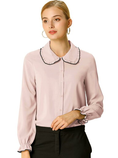 Allegra K 襟付きブラウス 丸襟 ブラウス 白 シャツ 長袖 可愛い おしゃれ オフィス カジュアル レディース ピンク XS Allegra K 襟付きブラウス 丸襟 ブラウス 白 シャツ 長袖 可愛い おしゃれ オフィス カジュアル レディース ピンク XS