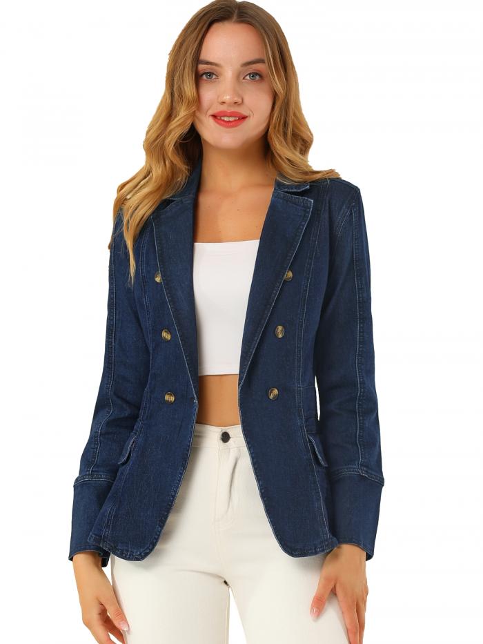 Allegra K デニム ブレザー ジャケット ジージャン Gジャン 長袖 オフィス ポケット付き レディース ミッドブルー S