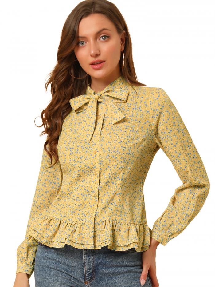 Allegra K ペプラム トップス ブラウス シャツ 花柄 ボウタイ ボタンダウンフリル裾 レディース イエロー XL