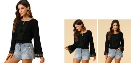 Allegra K クロップド トップス 刺繍 レース ネクタイネック ベルスリーブ スモックヘム レディース ブラック XS