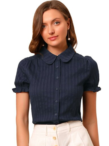 Allegra K シャツ 丸襟 半袖 コットン 花柄 カジュアル 夏 トップス レディース ブルー M Allegra K シャツ 丸襟 半袖 コットン 花柄 カジュアル 夏 トップス レディース ブルー M
