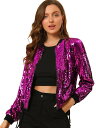 Allegra K ジャケット スタジャン ブルゾン スパンコール 衣装 光沢 長袖 ジッパー ショート丈 クリスマス レディース フクシア L