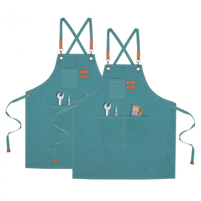 シェフエプロン 男女兼用 大きなポケット付き 綿帆布 クロスバックエプロン キッチンクッキングアート絵画用 M-XXLサイズ用 ターコイズ 2個