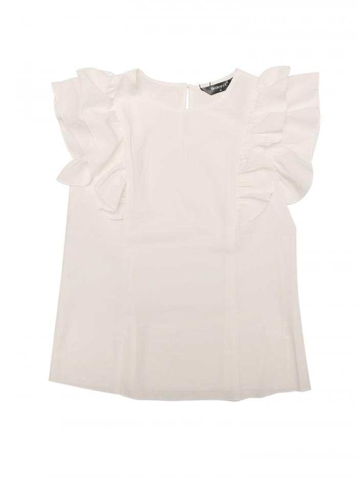 Allegra K ブラウス トップス ラウンドネック キャップスリーブ フリルシャツ レディース ホワイト M(4)