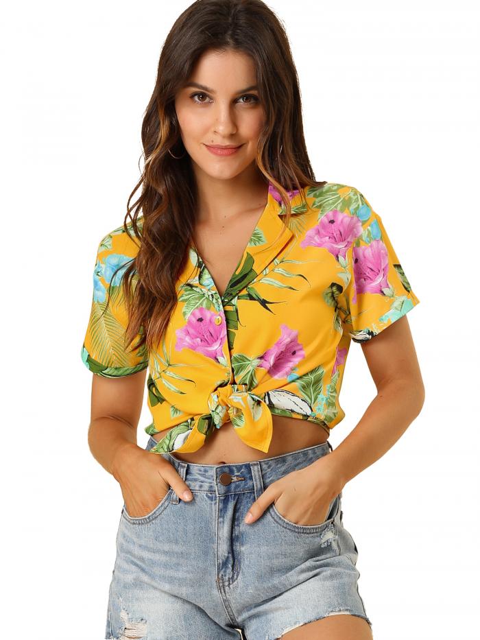 Allegra K 花柄 ハワイアンシャツ 襟付き トップス ブラウス 半袖 ボタンダウン ビーチ レディース イエロー L