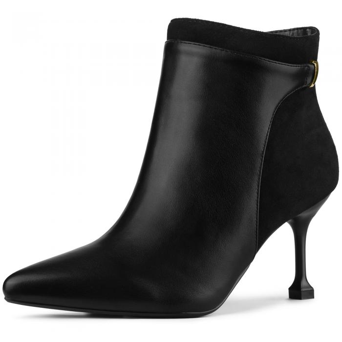 Allegra K アンクルブーツ ポインテッドトゥ サイドジッパー スティレットハイヒール レディース ブラ..