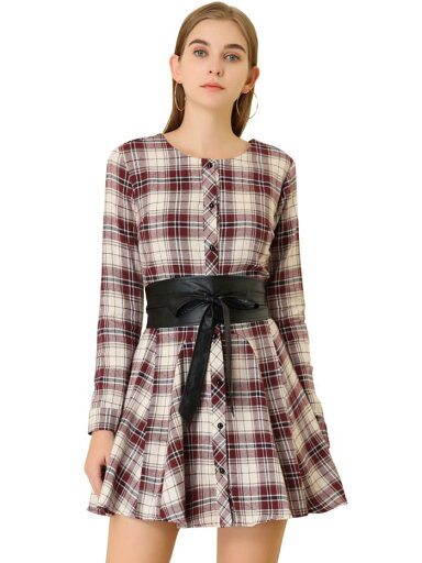 Allegra K チェック ワンピース Aライン フレア チェック柄 長袖 リボン ベルト 付き 可愛い レディース ワインレッド M Allegra K チェック ワンピース Aライン フレア チェック柄 長袖 リボン ベルト 付き 可愛い レディース ワインレッド M