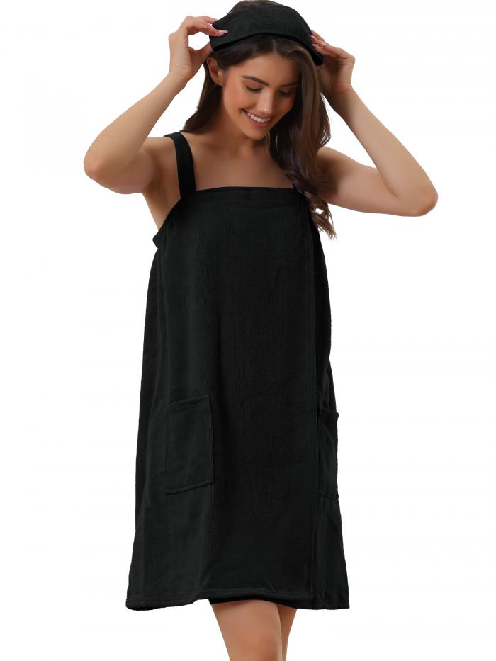 cheibear レディース タオルラップ バスローブ スパタオル ローブ 調節可能な開閉部付き ジムシャワー用 ブラック XS