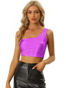 Allegra K クロップトップ ブラウス メタリック 片肩 シャイニー ラウンドネック ワンショルダー パーティー ダンス レディース パープル L