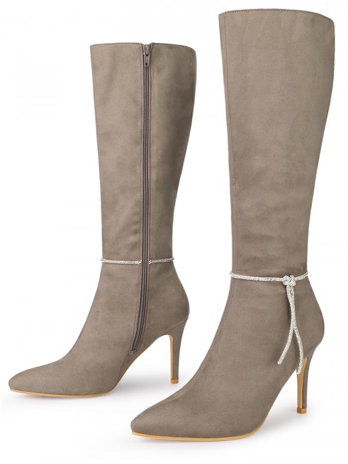 Allegra K レディース ラインストーン クリスタル チェーン ポインテッドトゥ スティレットヒール ニーハイ ブーツ トープ 27.5