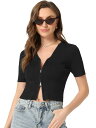 Allegra K レディース Vネック 半袖 ジップ フロント クロップトップス用 リブニットトップ ブラック M