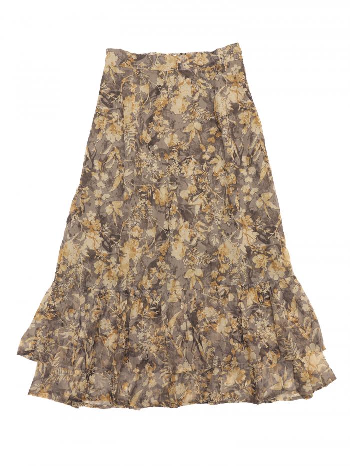 Allegra K ティアードスカート 花柄 aライン フリル裾 ミディ ミモレ丈 ウェストゴム レディース ライトグレーの花柄 M