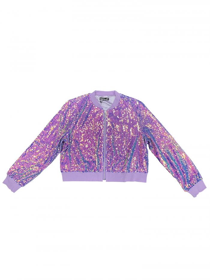 Allegra K ボンバージャケット スパンコールトップ 長袖 シャイニー パーティー ハロウィン衣装 レディース シャイニーパープル L