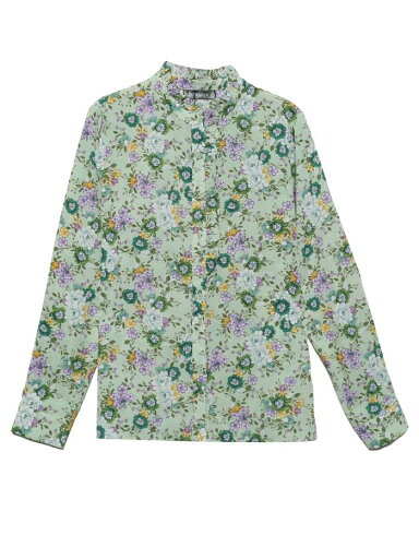 Allegra K ボタンアップ シャツ 花柄 フリルブラウス スタンドカラー 立ち襟 長袖 レディース グリーン S Allegra K ボタンアップ シャツ 花柄 フリルブラウス スタンドカラー 立ち襟 長袖 レディース グリーン S