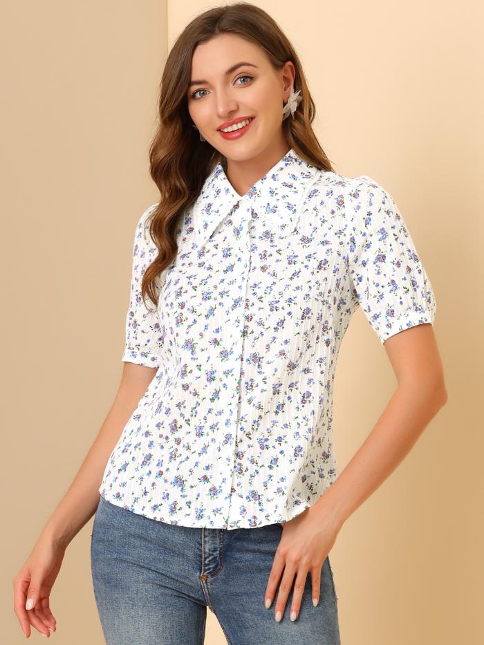 Allegra K トップス 花柄 シャツ レース フローラル ポイントカラー ボタンダウン レディース ホワイト XL