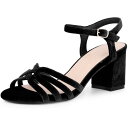 Allegra K レディース ベルベット スリングバック チャンキーヒール サンダル 黒 24.5cm(4)