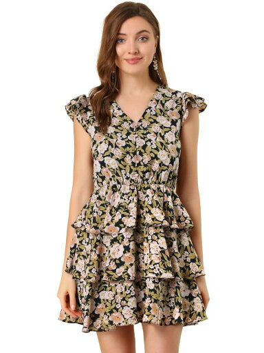 Allegra K ミニドレス フリル 花柄 Vネック ボタンフロント レイヤード キャップスリーブ レディース ブラック S Allegra K ミニドレス フリル 花柄 Vネック ボタンフロント レイヤード キャップスリーブ レディース ブラック S