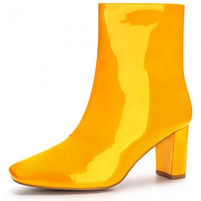 Allegra K レディース スクエアトゥ サイドジップ チャンキーヒール アンクルブーツ イエロー 24(4)