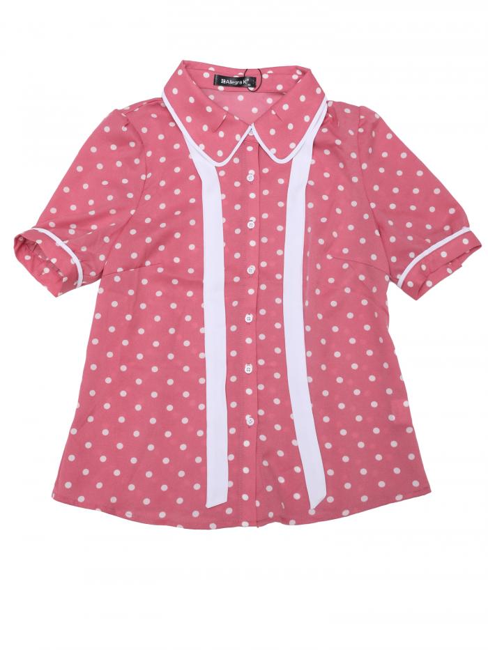Allegra K ブラウス レディース 半袖 シフオンブラウス 折り襟 リボン シャツ パフスリーブ オフィス カジュアル トップス 着痩せ おしゃれ 通勤 OL 水玉模様 ピンク L