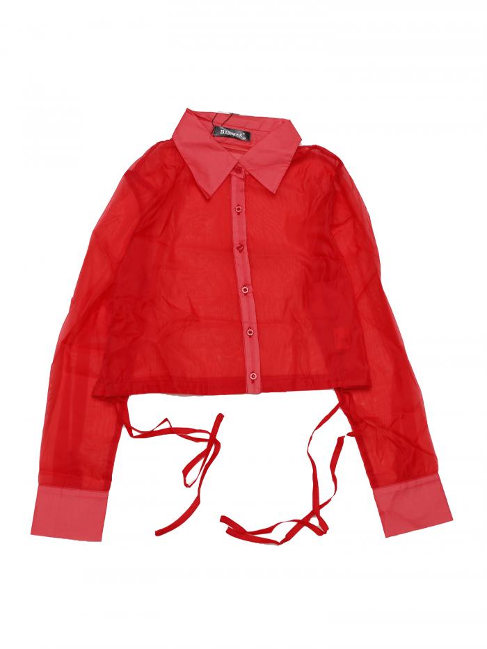 Allegra K シースルー トップス ボタンダウン クロップ シャツ シアー ブラウス ボウタイ レディース レッド L