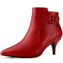 Allegra K 女性のポインティトゥ ジッパー バックル装飾キトゥン ヒール アンクル ブーツ レッド 23