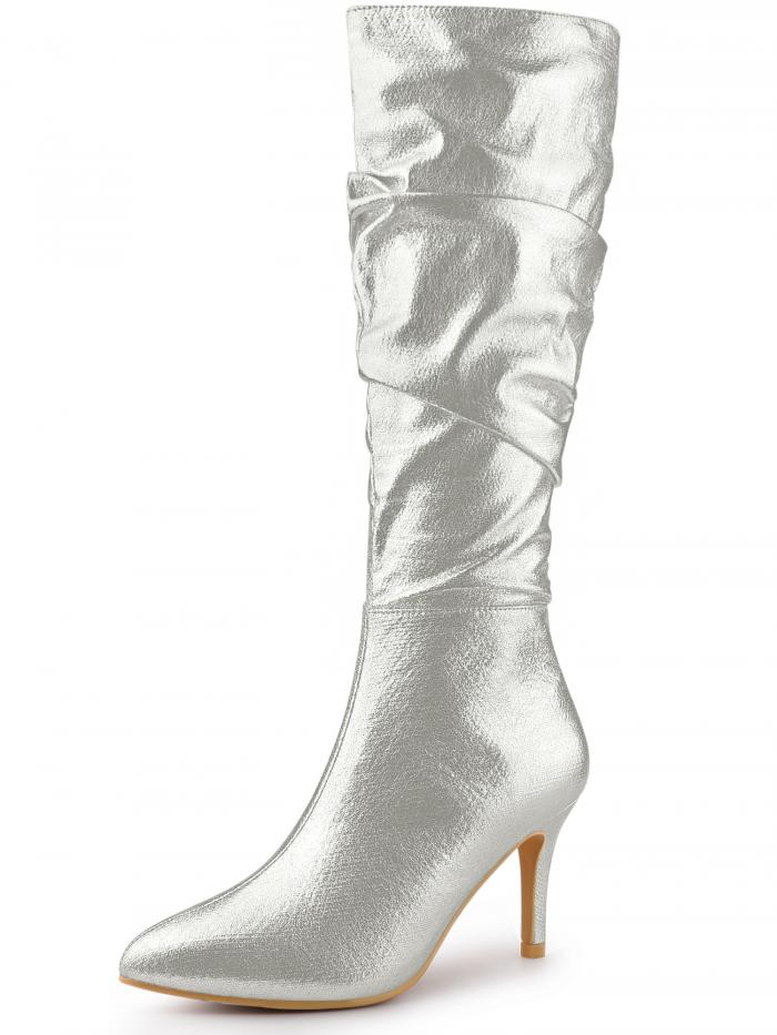 Allegra K レディース スラウチ ポインテッドトゥ スティレット ハイヒール ニーハイ ブーツ シルバー 24