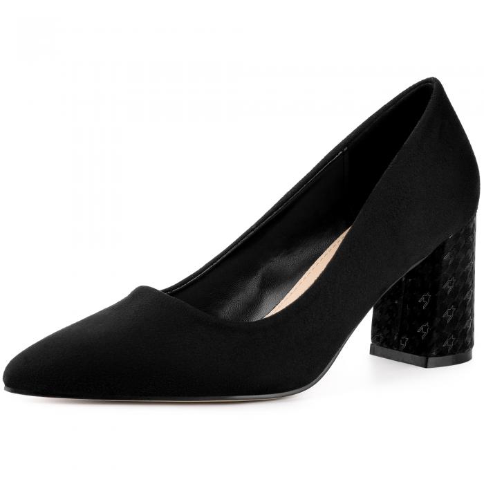 Allegra K レディース ポインティトゥ スリッポン チェック柄 プリント チャンキーヒール パンプス 黒 22.0cm