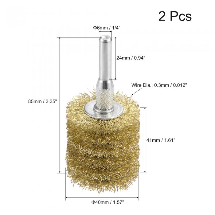 ワイヤーホイールブラシ ステンレス鋼 40 mmx 41 mm 0.3 mm真ちゅうメッキ粗圧着ワイヤ 6 mmラウンドシャンク付き さび剥離研磨剤洗浄用 2個 3