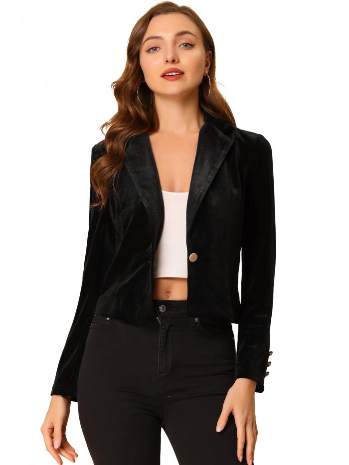 Allegra K ベルベット ブレザー ビジネス オフィス スーツジャケット レディース ブラック M