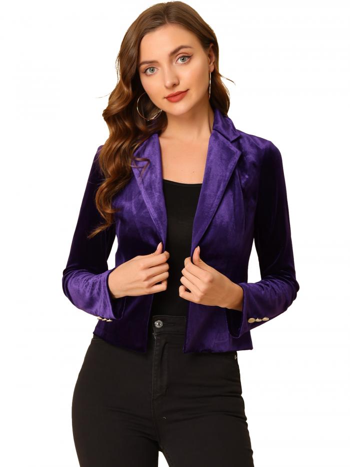 Allegra K ベルベット ブレザー ビジネス オフィス スーツジャケット レディース ダークパープル L(4)