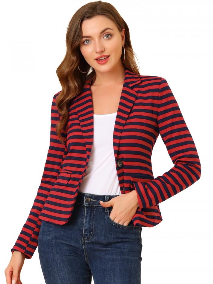 Allegra K ブレザー ジャケット ボーダー柄 コート 長袖 ストライプ柄 ノッチドラペル レディース レッドブルー L