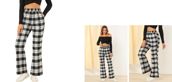 ソウテン Allegra K チェック柄 ロングパンツ タータンチェック 伸縮性 ウエストゴム ワイドパンツ レディース ブラック M