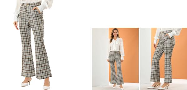 ソウテン Allegra K チェック柄パンツ ワイドパンツ ポケット付き ウエストゴム レディース ブラウングレー L