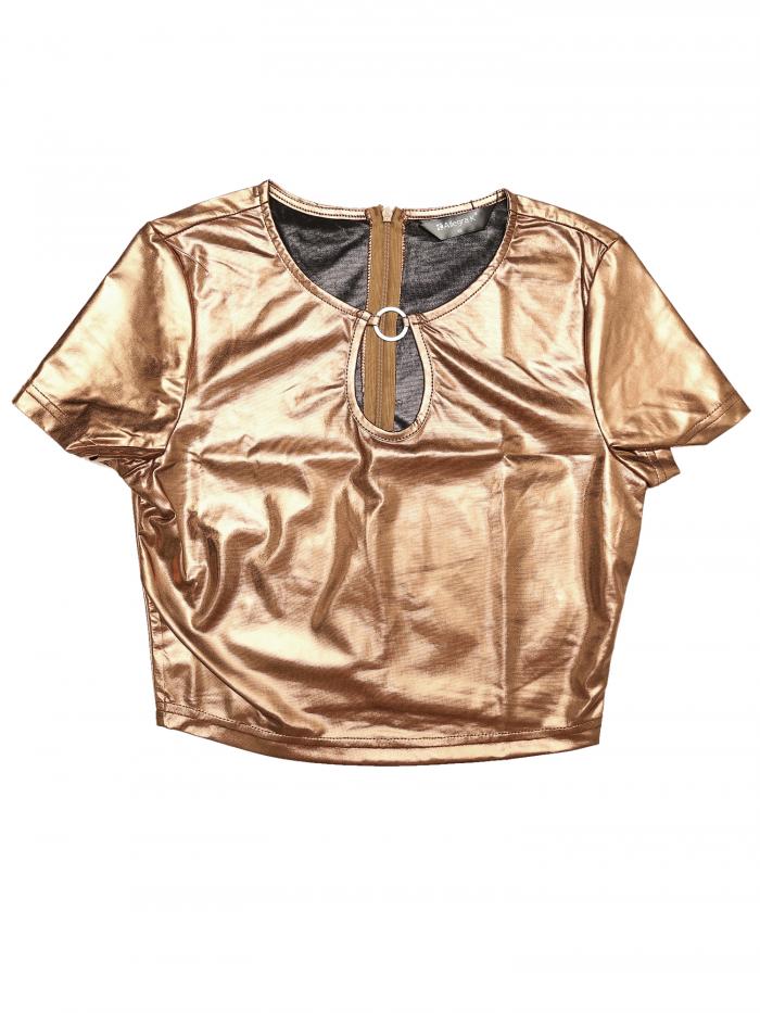 Allegra K Tシャツ カットソー メタリック クロップ トップス キーホール 半袖 パーティー シャイニー セクシー レディース ブラウンゴールド XS