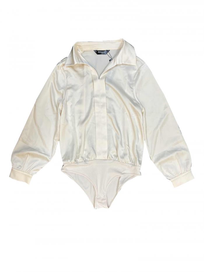 Allegra K レディース サテン ブラウス ボディスーツ Vネック 長袖 ビジネス ワークカラーシャツ トップ ボディスーツ シャンパン M